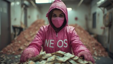 Eine Räuberin in Pink mit Schriftzug NEOS plündert die Pensionen.