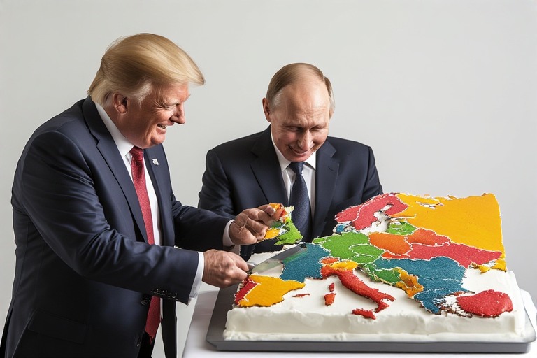 KI-generiert: Trump und Putin schneiden eine Torte in Stücke, die mit einem Umriss Europas verziert ist.