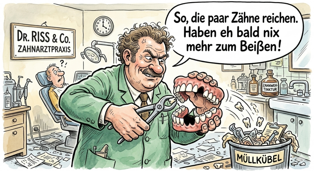 Zahnarzt reißt Zähne aus einer Zahnprothese, weil der Patient bald nichts mehr zu beißen hat