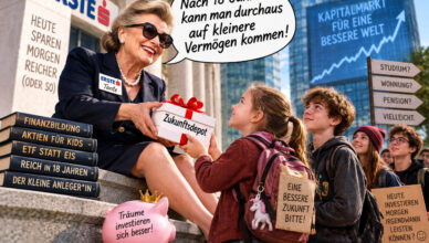 Satirische Darstellung einer Bankberaterin mit einem Zukunftsdepot für Kinder