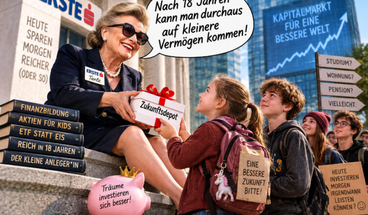 Satirische Darstellung einer Bankberaterin mit einem Zukunftsdepot für Kinder