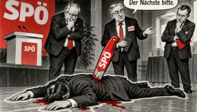SPÖ-Parteizentrale mit gemeucheltem Vorsitzenden. "Der Nächste, bitte"