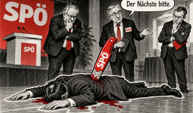 SPÖ-Parteizentrale mit gemeucheltem Vorsitzenden. "Der Nächste, bitte"